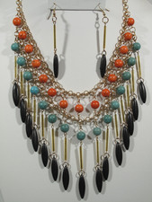 NWT Set 19" Necklace Earrings Gold Tone Faux Turquoise Beads Bib Tribal Chain