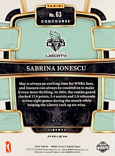 POP-1🔥2024 Panini SELECT WNBA Sabrina Ionescu⭐Black/Gold Prizm #63💎5/5 PSA 9 - Picture 4 of 4