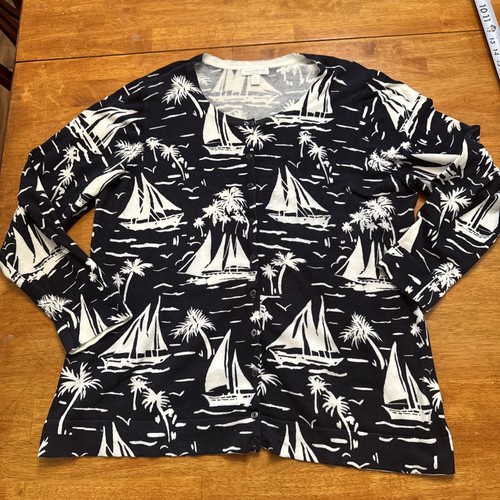 CHARTER CLUB Sweater Cardigan Black & White Tropical Woman 3x Cotton Button Up