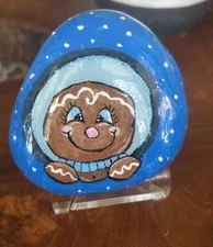 Hand Painted Rock "Gingerbread Girl” Art Decor Collectible Holiday Gift