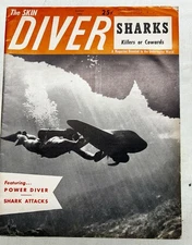 1956 March Skin Diver Magazine. Shark Issue. Scuba Diving. Underwater Vehicle.