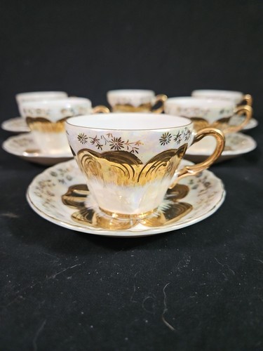 Vintage 6 Sterling China Japan opalisierende Blumen Tassen Untertassen Teeservice Gold Overlay - Bild 2 von 10