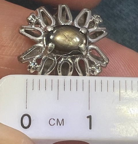 14k White Gold Black Star Sapphire Flower Ring w Diamonds - Picture 10 of 11