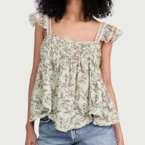 NWT Free People Nala Babydoll Tank Top Flutter Sleeve Women’s Small Floral Green - Picture 1 of 7