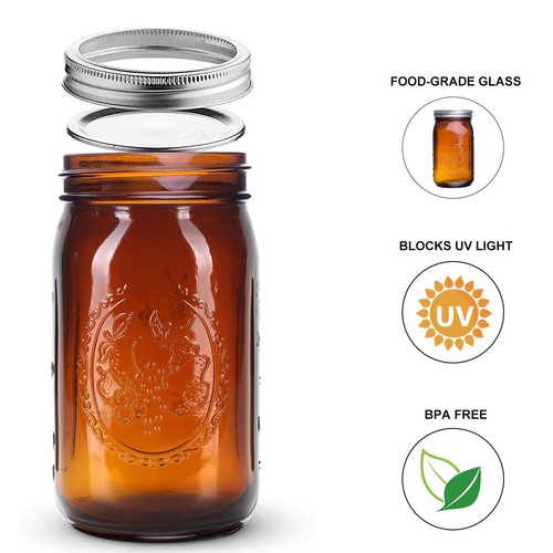 eleganttime Amber Glass Mason Jars 32 oz Wide Mouth 6 Pack Amber Quart Canning - Picture 3 of 6