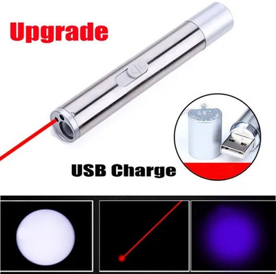 3in1 1mw Cat Laser Pointer Pen USB Rechargeable For Cat Toy White Torch & UV Lig