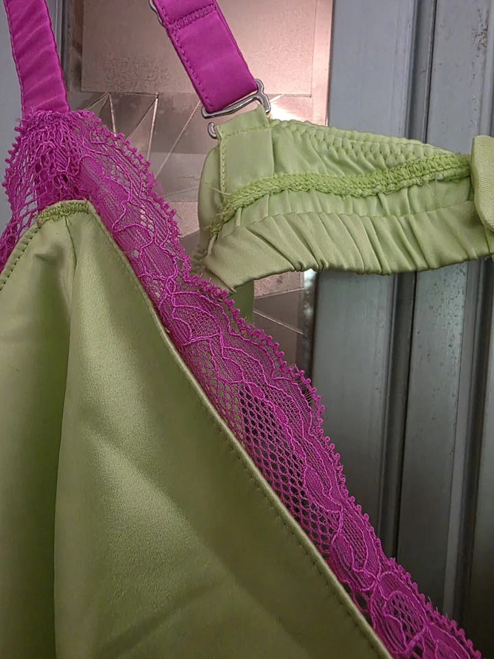 Satin Green Bralette W Hot Pink Lace Sz XL By Parade - Image 3 of 4