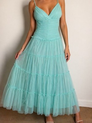 ワンピース JESSICA MCLINTOCK GUNNESIX Vintage Dress Jessica McClintock x Gunne Sax Tiered Aqua Tulle Maxi Dress