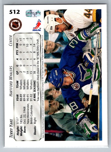 Terry Yake 1992-93 Upper Deck HOCKEY #512 Hartford Whalers - Picture 2 of 2