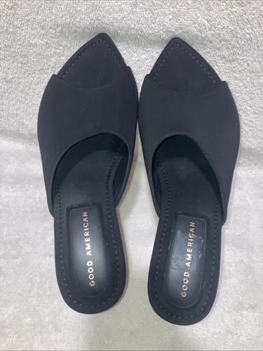 Sandalias Good American Cinderella Tela Negra Disco Lucite Tacón Slides Talla 7.5 - Imagen 5 de 7