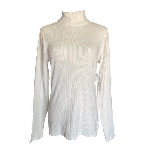 Old Navy tailliertes Plüsch Rippstrick Rollkragen T-Shirt Off White Damen Gr. L