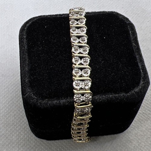 Solid 10K T/Tone Gold Icy Diamond Ladies Bracelet w/Extra Thin Safety Chain 9.7g - Picture 8 of 12