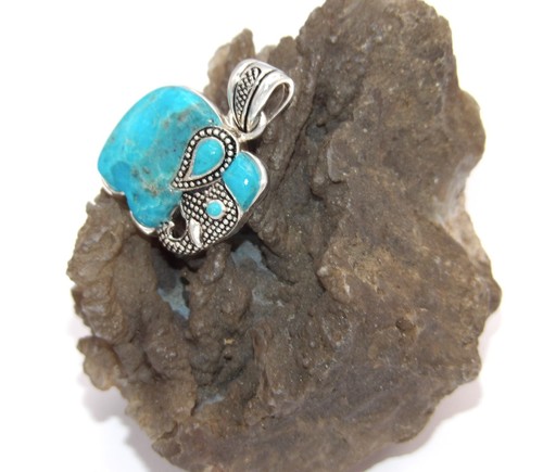 Hand Made 925 Sterling Silver Oxidized Elephant Pendant with Natural Turquoise - Picture 9 of 11