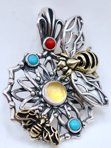 Carolyn Pollack Fritz Casuse Sterling Brass Bee Multi Gemstone Enhancer Pendant