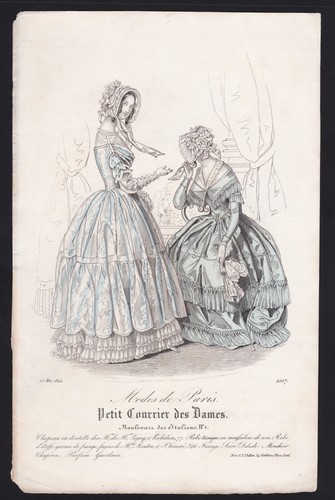 1844 Modes de Paris Petit Courrier de Dames blaues Kleid Gravur Druck Frankreich - Bild 1 von 3