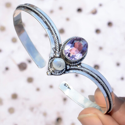 Amethyst, Moonstone Gemstone Bracelet 925 Sterling Silver Handmade Cuff Bangle