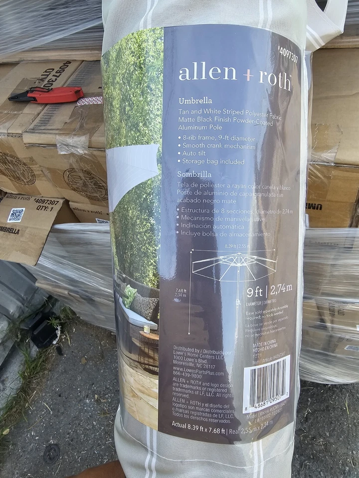 ✨️ Allen + Roth 9 pies Aluminio Bronceado Rayas Inclinación Automática Mercado Patio Umbre Foto 2 de 2