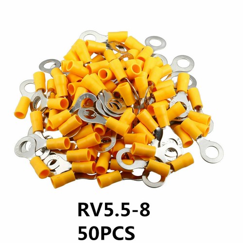 50 Pcs RV5.5-8 Yellow Pre Insulated Ring Terminals 5/16" Stud for AWG 12-10 Wire - Afbeelding 1 van 3