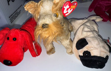 Lot of 3 Collector's TY Beanie Babies  Rover, Schnitzel,  Pugsley Dogs