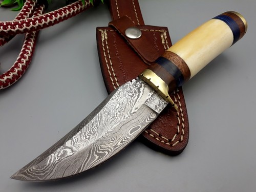 Damaststahl FESTE KLINGE Jagd CAMPING BOWIE Messer Knochengriff Scheide - Bild 6 von 7