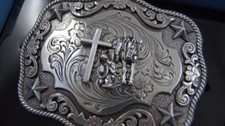 New Nocona Western Belt Buckle Cowboy Man at Cross Praying Silver Tone 3798659
