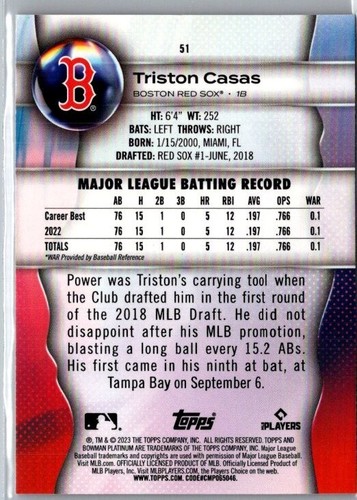2023 Bowman Platinum TRISTON CASAS (RC) #51 Ice Pattern Foil RED SOX - Picture 2 of 2