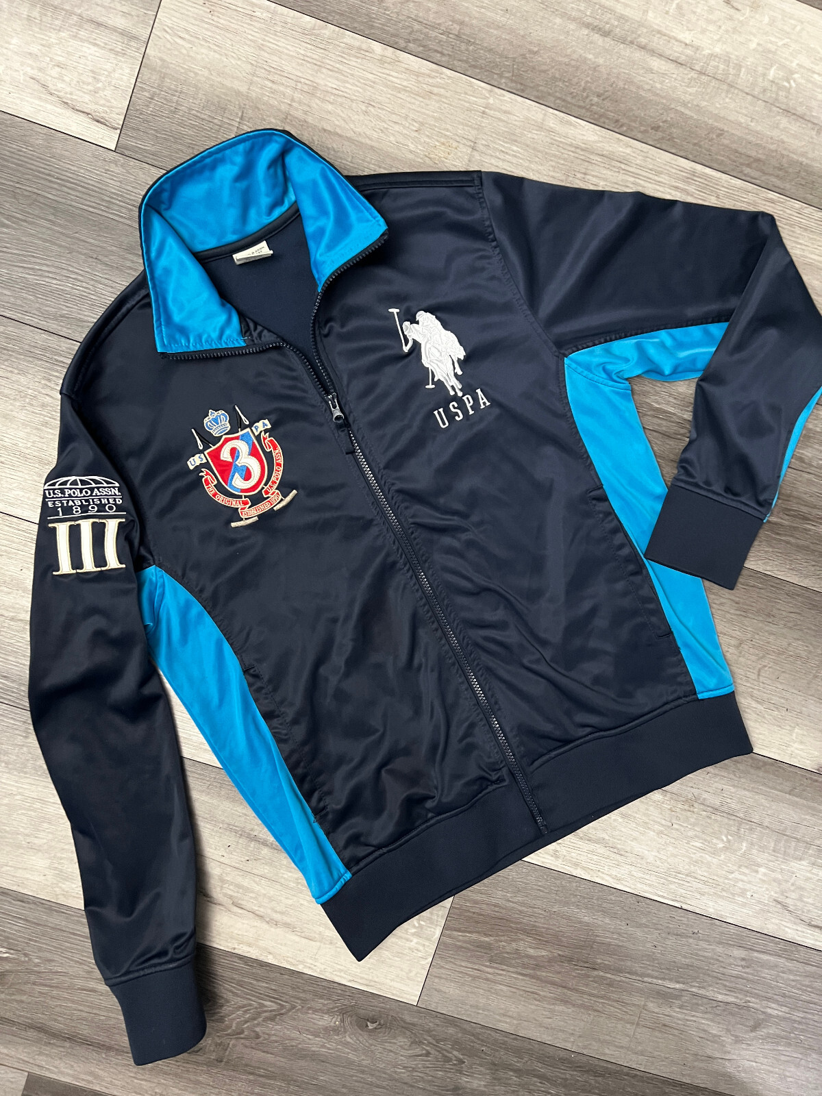 US Polo Assn Blu e Navy Track Jacket Uomo Big Pony Crest Taglia Media