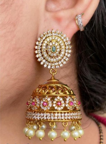 Cubic Zirconia Traditional Kundan Studded Pink Stone Earrings For Women & Girls - Picture 2 of 2
