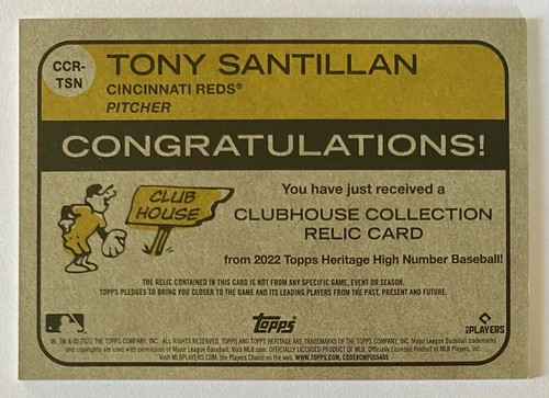 TONY SANTILLAN RC 2022 TOPPS COLECCIÓN CLUBHOUSE CCR-TSN RECUERDOS USADOS EN JUEGOS - Imagen 2 de 2