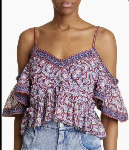 ISABEL MARANT TOILE Garuva Floral Print Cold Shoulder Cotton Top Size 36 G1N