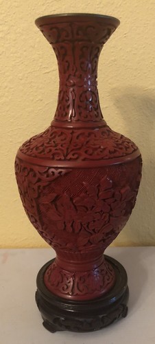 Chinese Florals Hand Carved Red Cinnabar 9” Vase with Blue Enamel on Copper - Picture 9 of 12