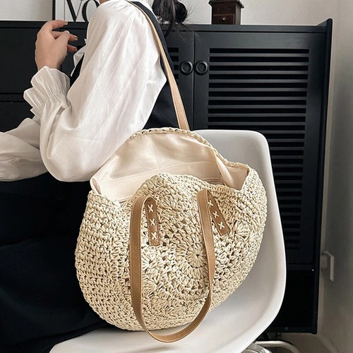 Summer Round Straw Women Vacation Woven Beach Shoulder Bag Simple Tote Bag - Bild 21 von 28