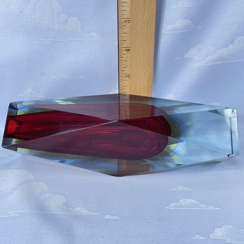 Vintage Ruby Red /Yellow/Blue/Clear Geometric Art Glass Vase 8” - Picture 9 of 9