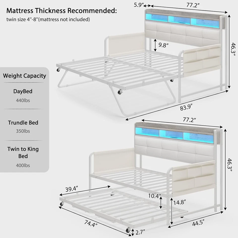 Twin Daybed with Trundle with Upholstered Headboard, LED Lights Metal Bed Frame - Image 2 of 4