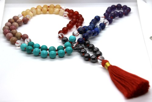GENUINE GEM STONE SEVEN CHAKRA JAPA MALA 108 MEDITATION ROSARY PRAYER YOGA BEADS - Picture 3 of 18