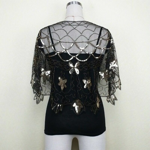 Sequins Lady Retro Cape Sheer Lace Shrug Bolero Shawl Evening Prom Cardigan Chic - Picture 6 of 14