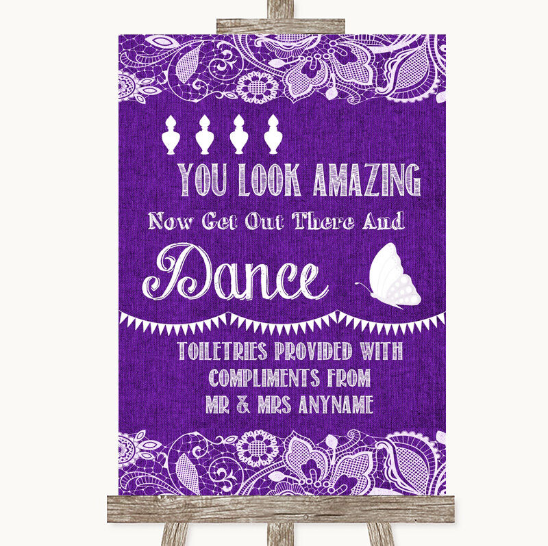 Purple Burlap & Lace Toiletries Comfort Basket Personalised Wedding Sign WYPRZEDAŻ, nowość