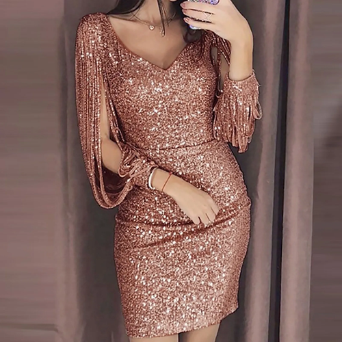 2024 Elegant Glitter Sequin Tassel V Neck Mini Party Dress - Picture 10 of 15