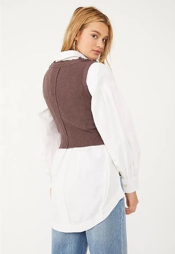 Free People Denson Cable Knit Cropped V-Neck Brown Sweater Vest Anthropologie XS - Picture 2 of 8