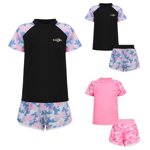 Kids Girls Rash Guard Short Sleeve Shirt with Shorts Sun Protection Bathing Suit - Picture 1 of 32