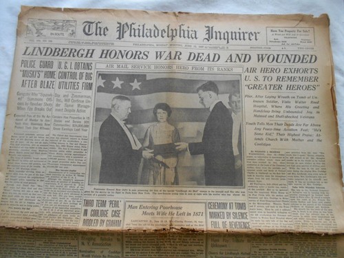 THE PHILADELPHIA INQUIRER JUNE 13,1927 LINDBERGH HONORS WAR DEAD AND WOUNDED - Picture 1 of 8