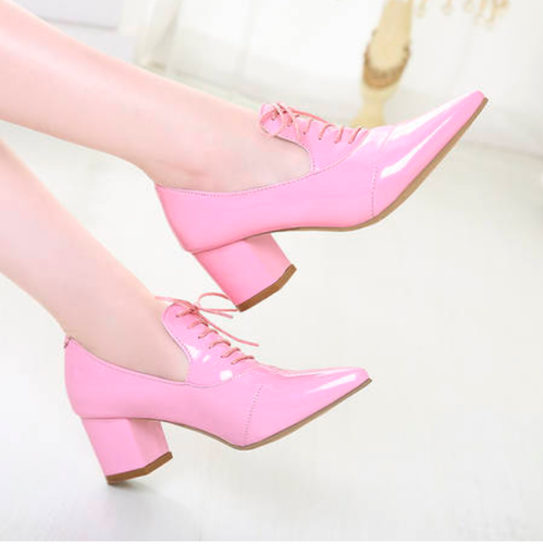 New Fashion Women's Pointy Toe Chunky Heels Lace Up Oxfords Patent Leather Shoes - Picture 12 of 12