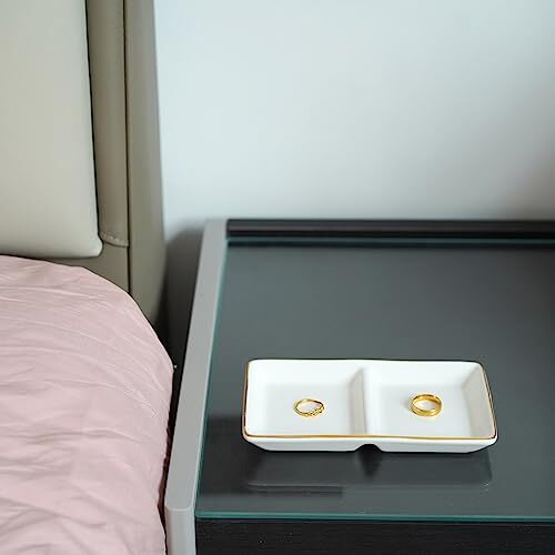 Ceramic Jewelry Dish Tray, 2 Compartment Ring Dish, Decorative Trinket White - Picture 3 of 4