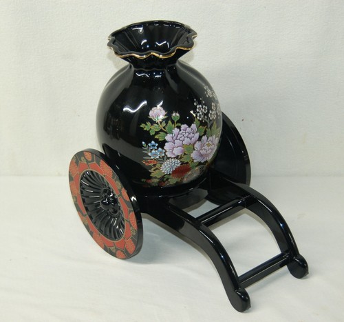 Vintage Japan Black Floral Porcelain Japanese Vase Hand Painted On Cart Stand - Picture 2 of 12