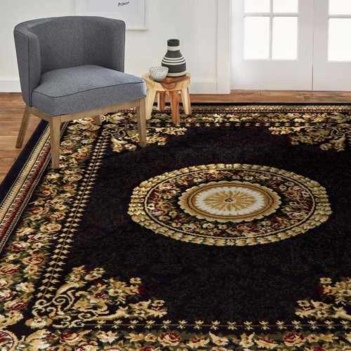 Traditional Oriental Medallion Indoor Area Rug 8' x 10' Black/Multi Jute Backing - Picture 3 of 10