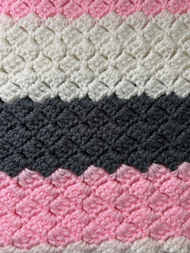 crocheted baby blanket / Throw 38x 34 Inches EUC Gray, Pink And White Colors - Picture 6 of 8