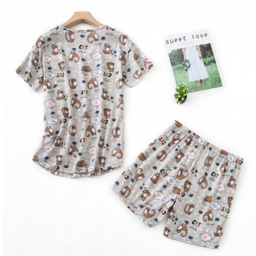 Women Comfy Pajama Set Cartoon Print Top and Shorts Sleepwear Cotton Nightwear - Picture 69 of 77