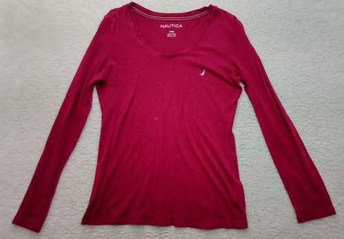 Nautica Woman's T Shirt Long Sleeve Small S Red Cotton Rayon Tee Casual Logo