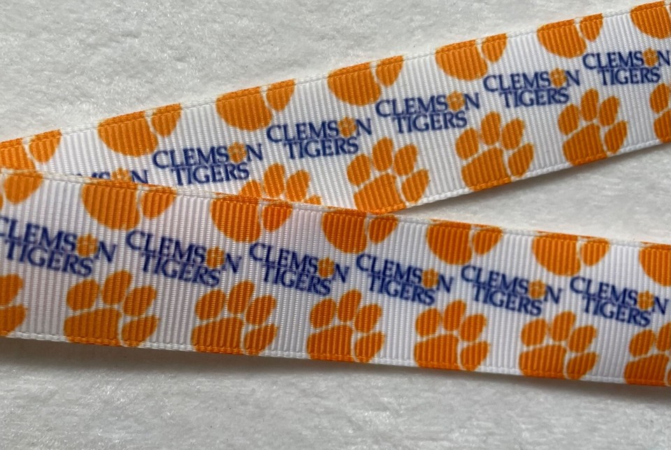 Clemson Tiger paws in orange Blue letters Grosgrain ribbon 7/8
