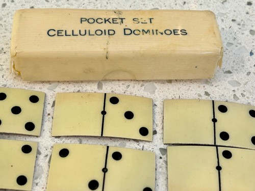 Vintage Pocket Set Celluloid Domino Set  Thin Dominoes - Pre World War II - RARE - Picture 5 of 15